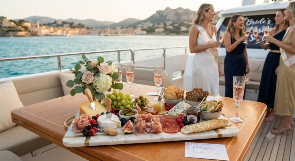 Elegant charcuterie board served during a classy bachelorette yacht celebration