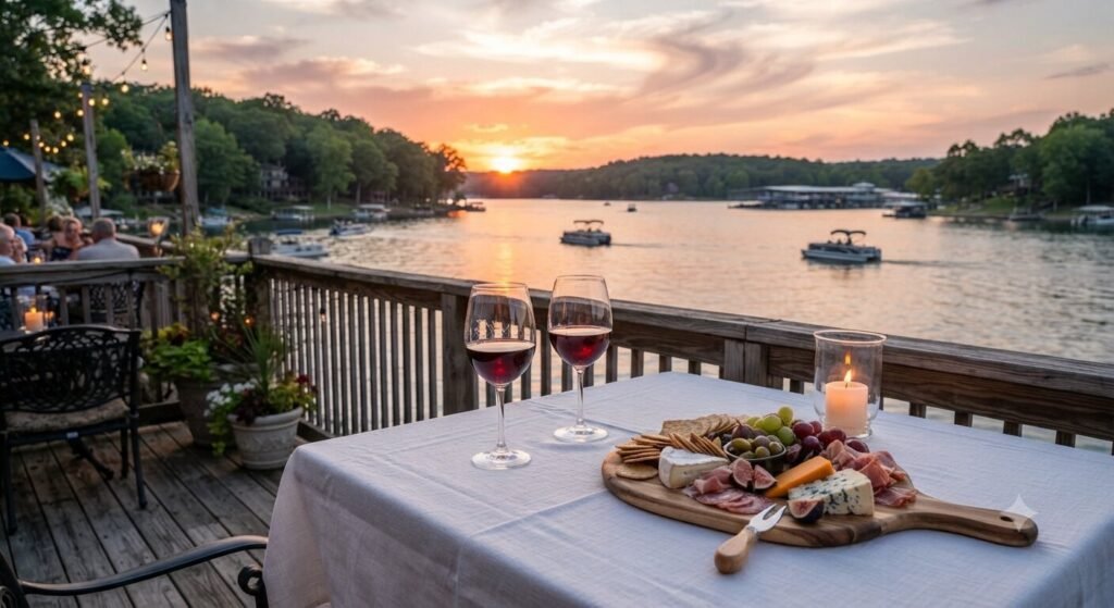 Elegant wine and charcuterie spread on a waterfront terrace at Lake of the Ozarks at golden hour sunset.