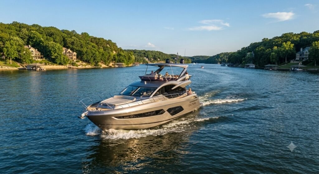 Executive flybridge yacht cruising Lake of the Ozarks main channel