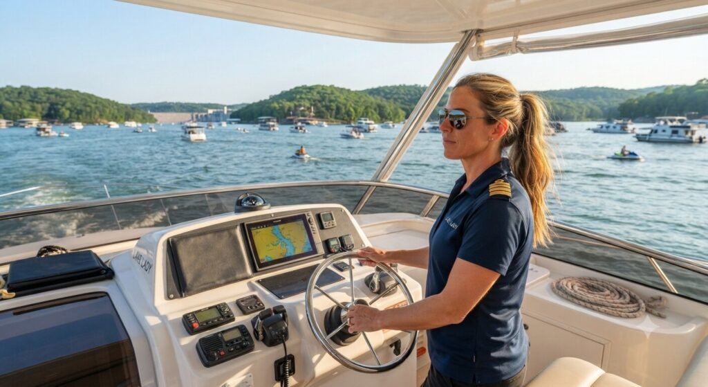 Female captain steering a charter yacht on Lake of the Ozarks