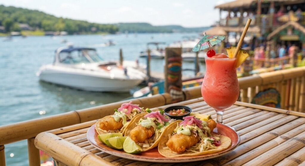 Fish tacos and a frozen tropical cocktail served at Paradise restaurant on Lake of the Ozarks