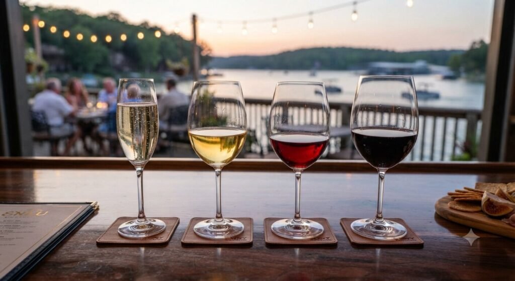 Four premium wine glasses with different varietals arranged on a dark wood bar at an upscale Lake of the Ozarks wine lounge.
