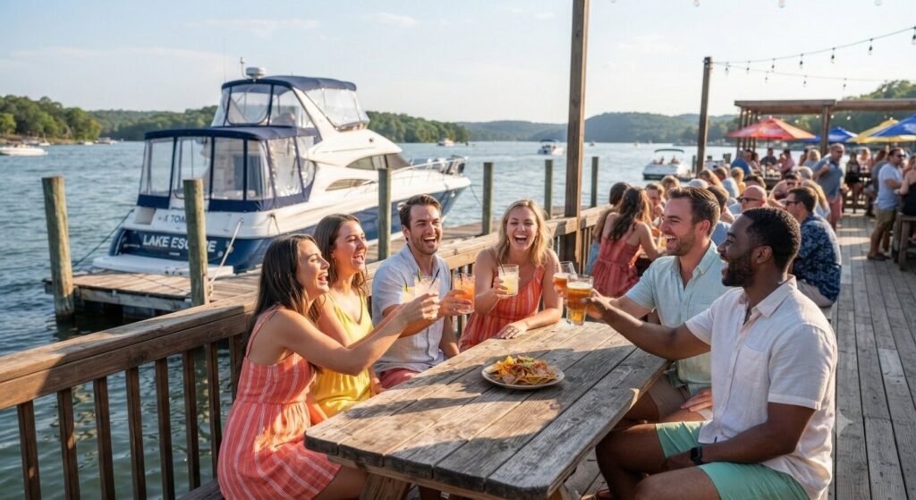 Friends celebrating with drinks on the H Toad's deck with their yacht docked behind them on Lake of the Ozarks.