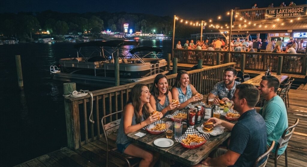 Friends eating burgers under string lights at a late night dock bar on the Lake Ozark strip.