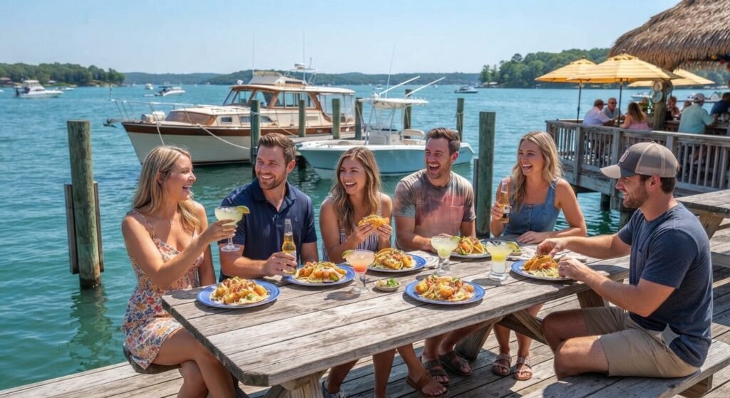Friends enjoying fish tacos and drinks at a Lake of the Ozarks dock bar with their boats tied up behind them.