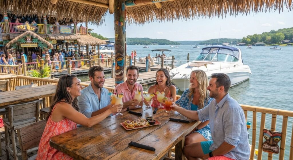 Friends enjoying tropical drinks under a thatched cabana at Paradise restaurant with their boat docked behind them