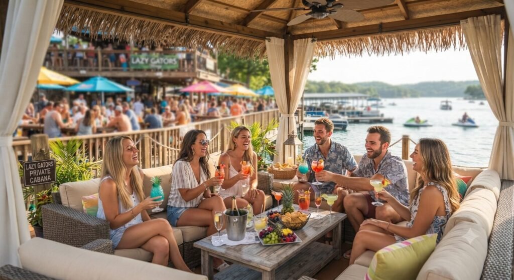 Friends relaxing in a shaded cabana at Lazy Gators on Lake of the Ozarks during a sunny afternoon