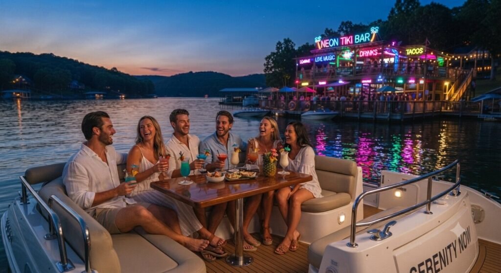 Friends relaxing on a yacht deck anchored near Neon Tiki Bar with neon lights reflecting on the lake at night