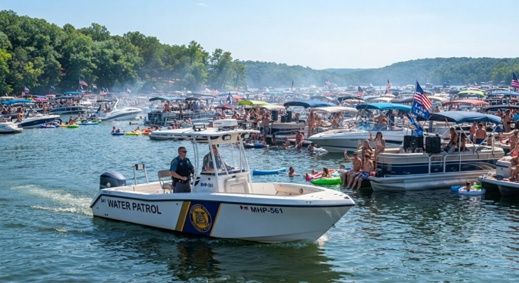 Friends swimming between rafted boats in Party Cove on Lake of the Ozarks on a sunny summer day