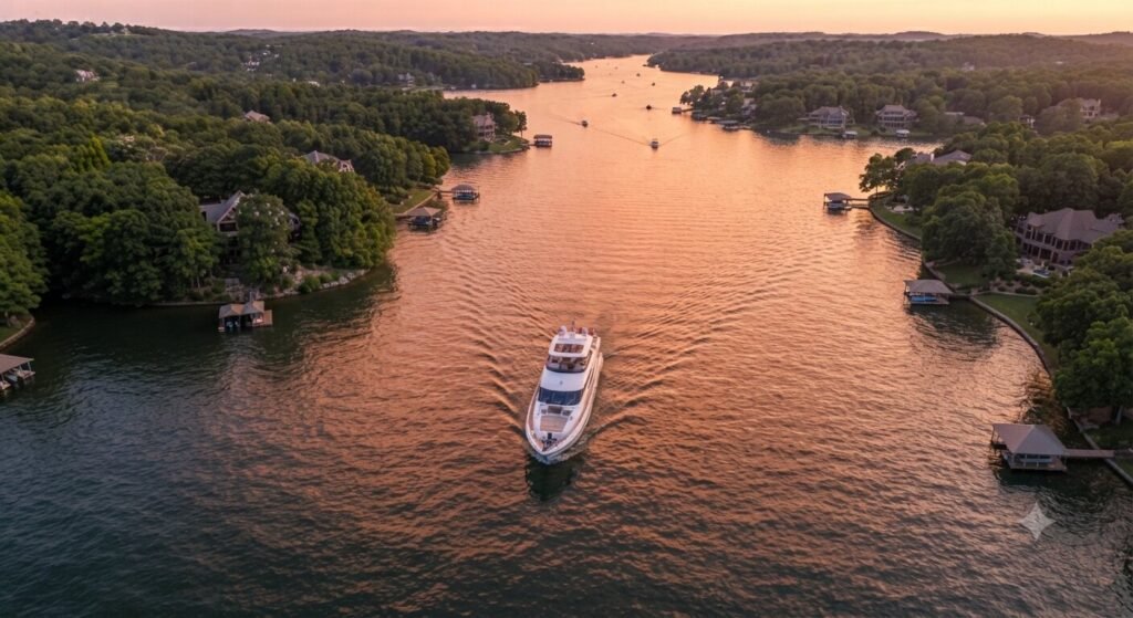 Golden hour aerial drone photo of a luxury yacht on Lake Ozark with warm sunset light reflecting across the water.