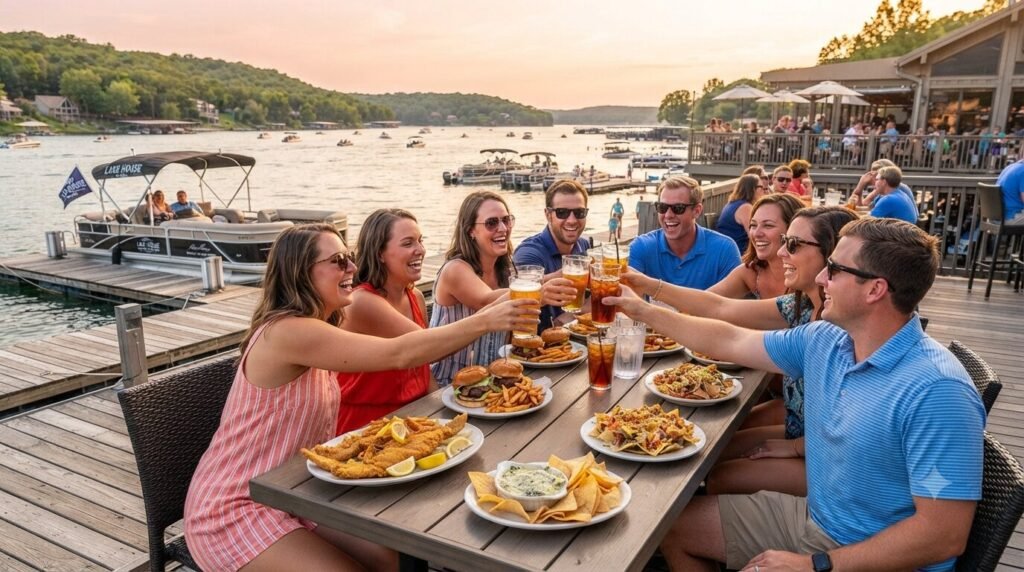 Group of friends celebrating at a Lake of the Ozarks waterfront restaurant table with food and drinks and their boat docked behind them.