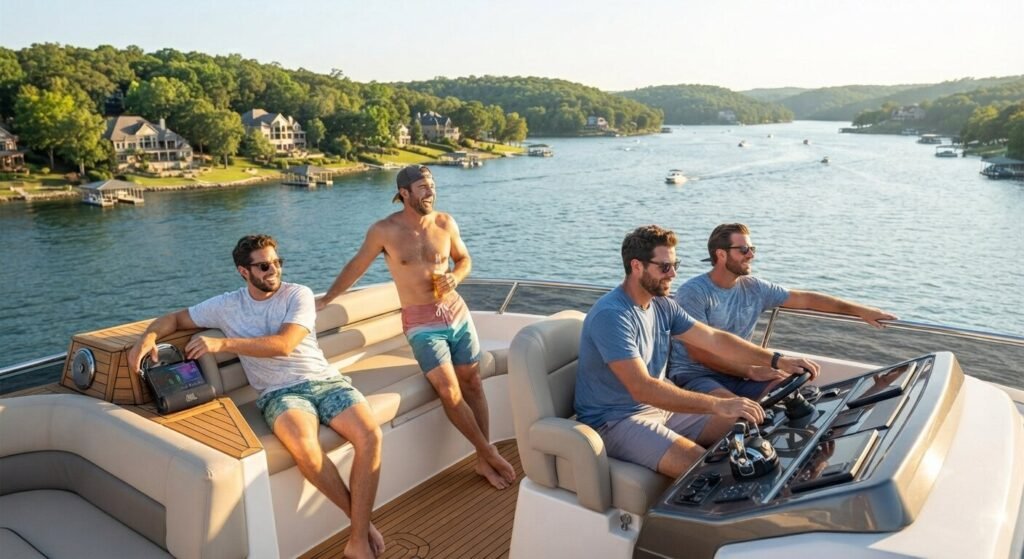 Group of guys on a luxury yacht with a premium marine sound system cruising the Lake of the Ozarks main channel
