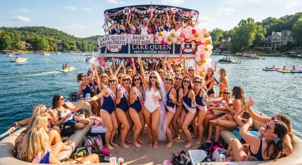 Large pontoon boat rental packed with a bachelorette party group