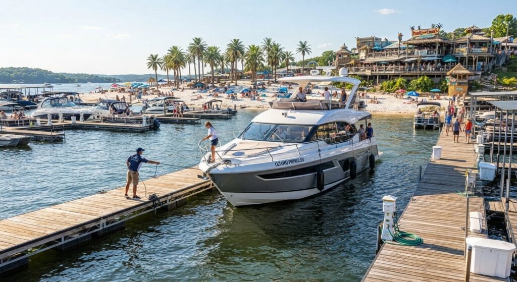 Large yacht docking at Franky and Louie's Lake Ozark