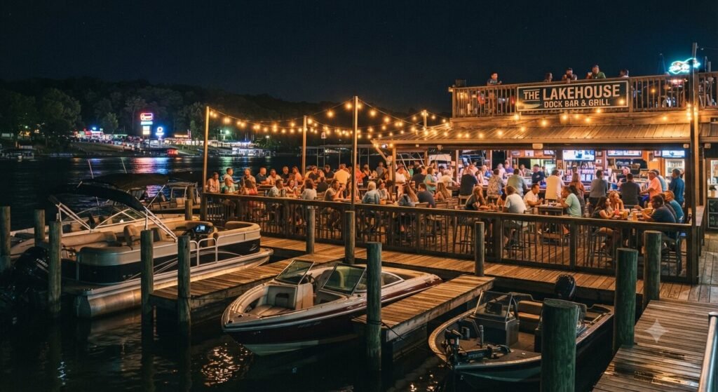 Lively late night dock bar on the Lake Ozark strip with string lights and boats tied up after dark.