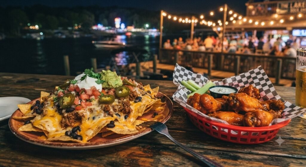 Loaded nachos and chicken wings served at a late night food dock on the Lake Ozark strip.