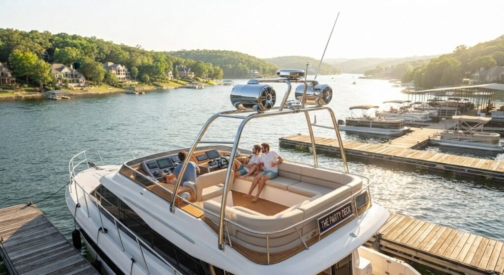 Luxury charter yacht with tower speakers and premium sound system docked at a Lake of the Ozarks marina