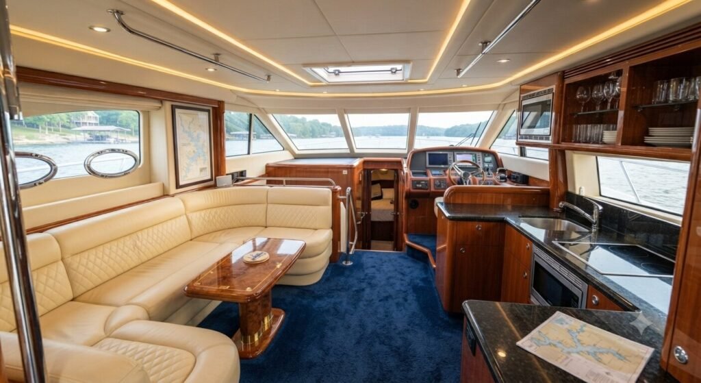 Luxury yacht interior cabin with premium finishes and upholstery