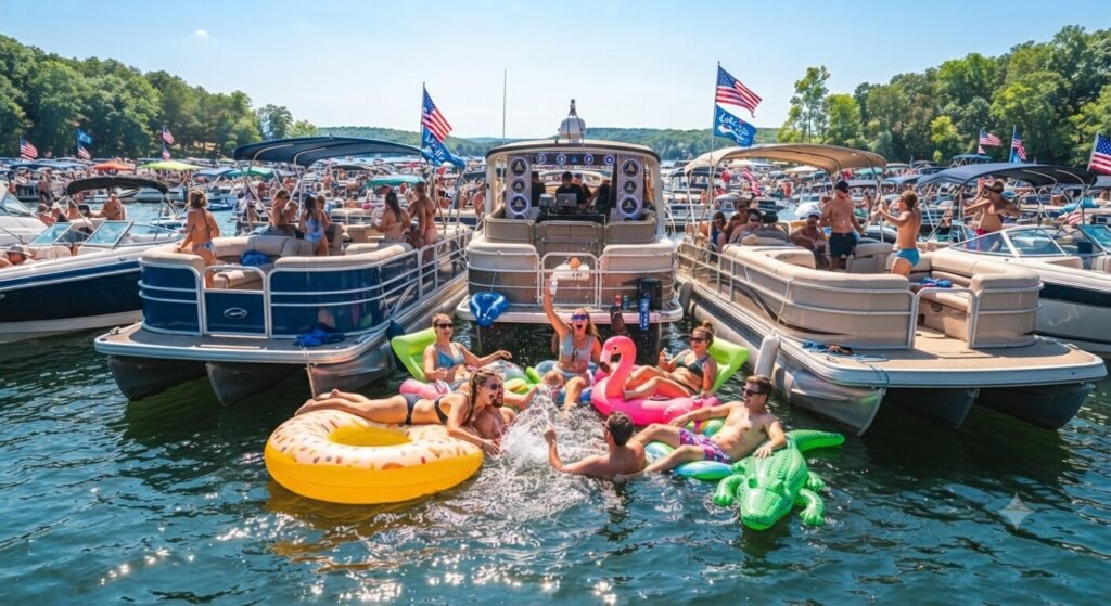 Missouri State Highway Patrol Water Patrol boat conducting a safety check in Party Cove on Lake of the Ozarks