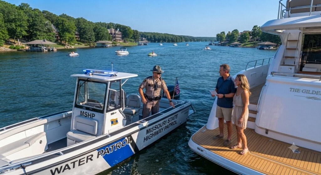 Missouri marine patrol officer approaching a private yacht on Lake Ozark for a boating safety inspection.