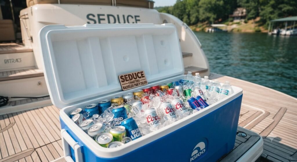 Organized cooler with drinks and ice on a Lake Ozark charter yacht deck ready for a bachelor boat rental day.