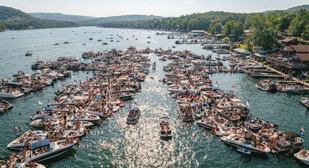 Party Cove Lake of the Ozarks boats gathered during water bar crawl.