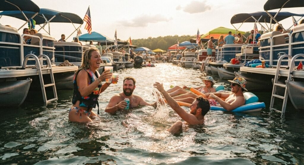 People swimming between boats at Party Cove