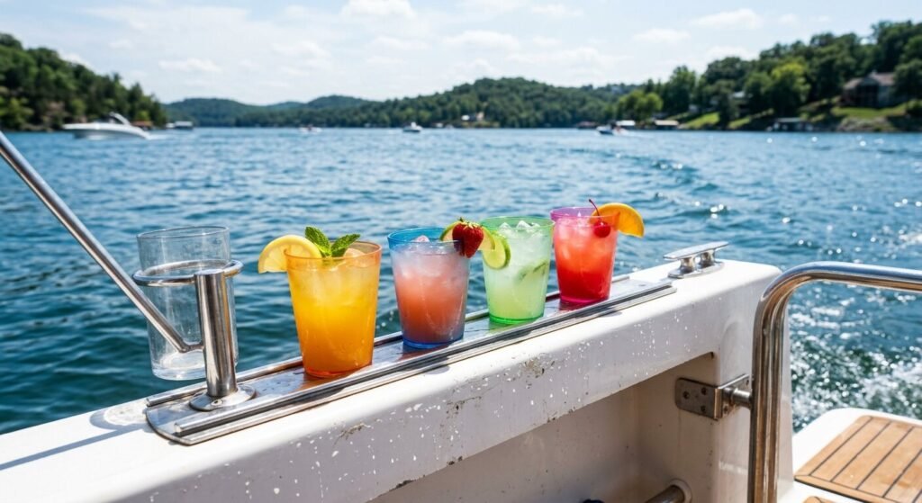 Plastic acrylic drink cups on a Lake Ozark charter yacht railing with open water in the background.