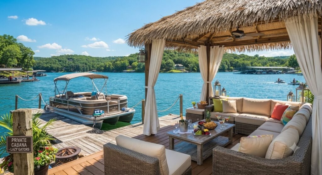 Private cabana at Lazy Gators on Lake of the Ozarks with a boat tied up at the dedicated drop off point