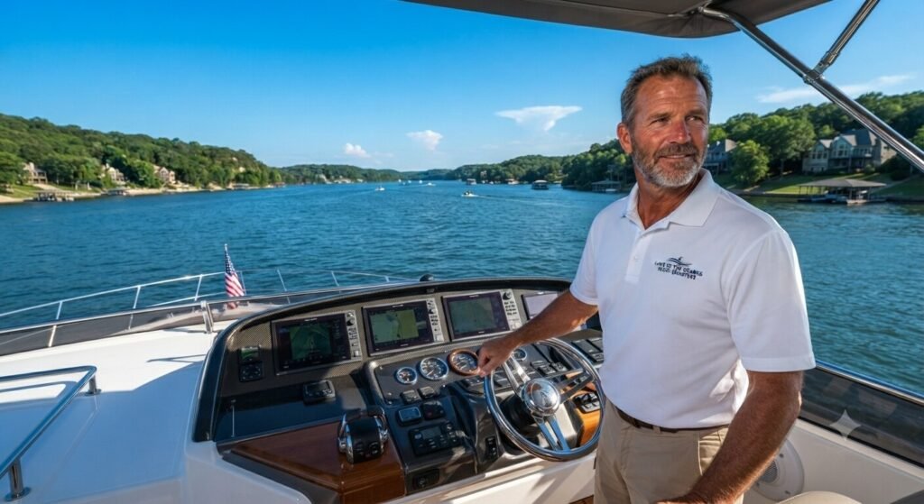 Professional captain at helm of luxury charter yacht Lake Ozarks