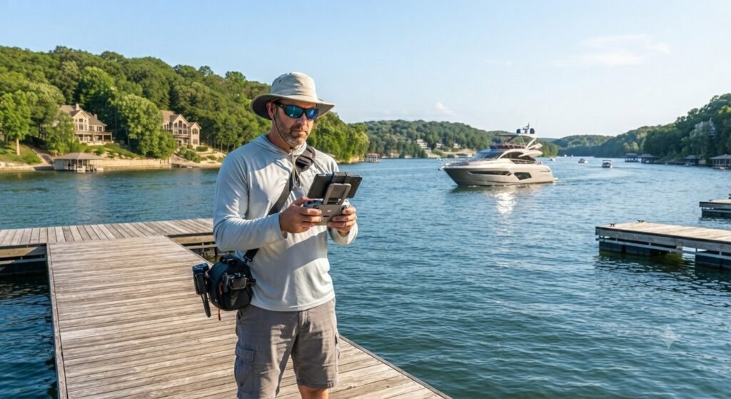 Professional drone photographer with controller at Lake Ozark dock preparing to shoot a bachelor yacht day.