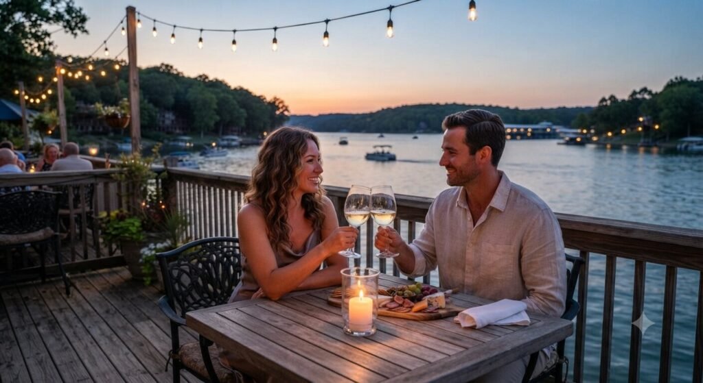 Romantic couple enjoying white wine at a candlelit high end waterfront wine bar at Lake of the Ozarks in the evening.