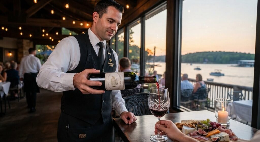 Sommelier pouring premium red wine into crystal stemware at an upscale Lake of the Ozarks waterfront restaurant.