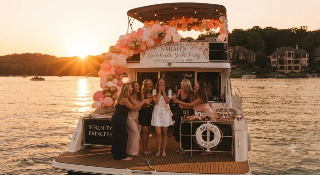 Sunset cruise moment during a surprise bachelorette yacht celebration