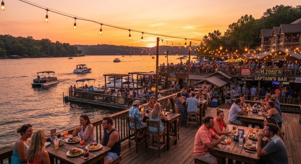Sunset view of the H Toad's waterfront deck with string lights glowing and boats approaching the dock at dusk.