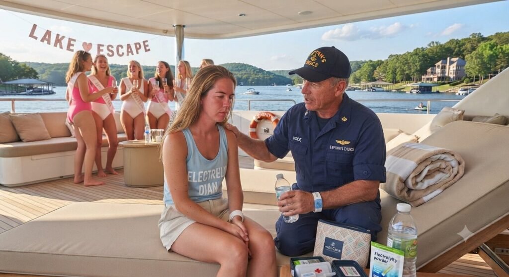 USCG certified captain assisting a guest feeling unwell on a Lake of the Ozarks yacht