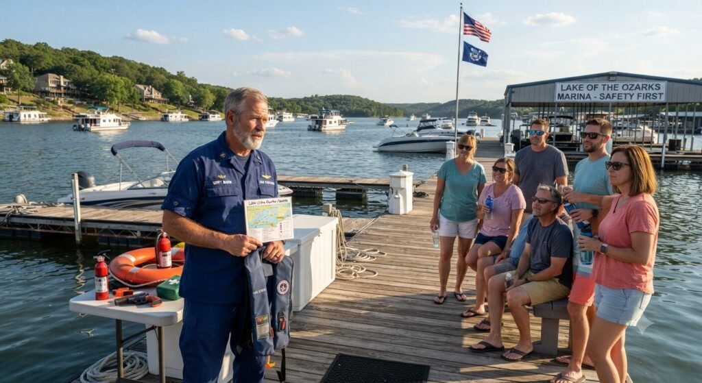 USCG certified captain giving safety briefing to guests on dock at Lake Ozark