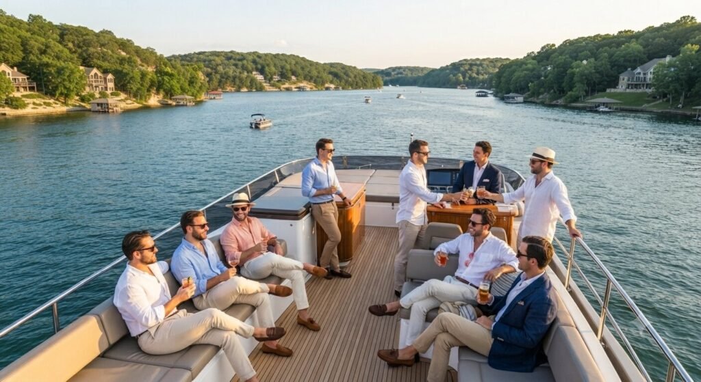 Upscale bachelor group on yacht flybridge at Lake Ozarks