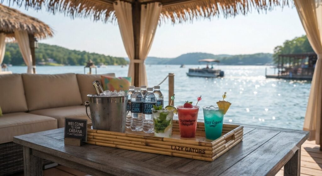 Welcome drink tray with ice and cocktails set up inside a private cabana at Lazy Gators on Lake of the Ozarks
