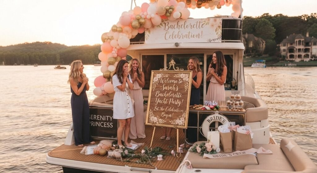 Welcome sign with bride's name displayed for a surprise yacht party reveal