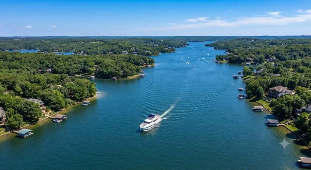 Wide aerial drone view of Lake Ozark with a private yacht sailing through calm water past tree-lined shoreline.
