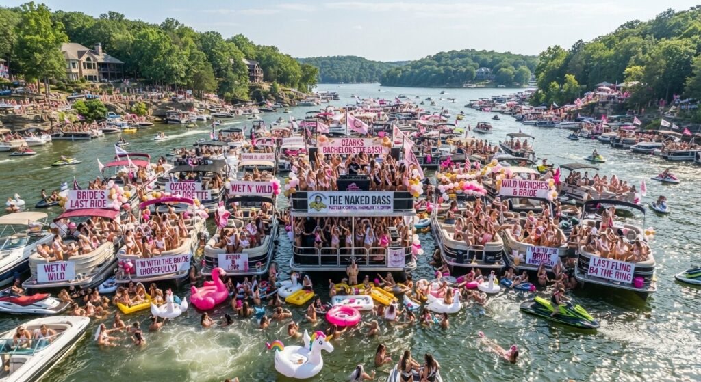 Wild bachelorette party boats gathered near Party Cove on Lake of the Ozarks