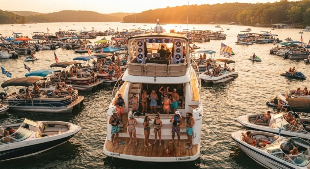 Yacht anchored at Party Cove with music playing