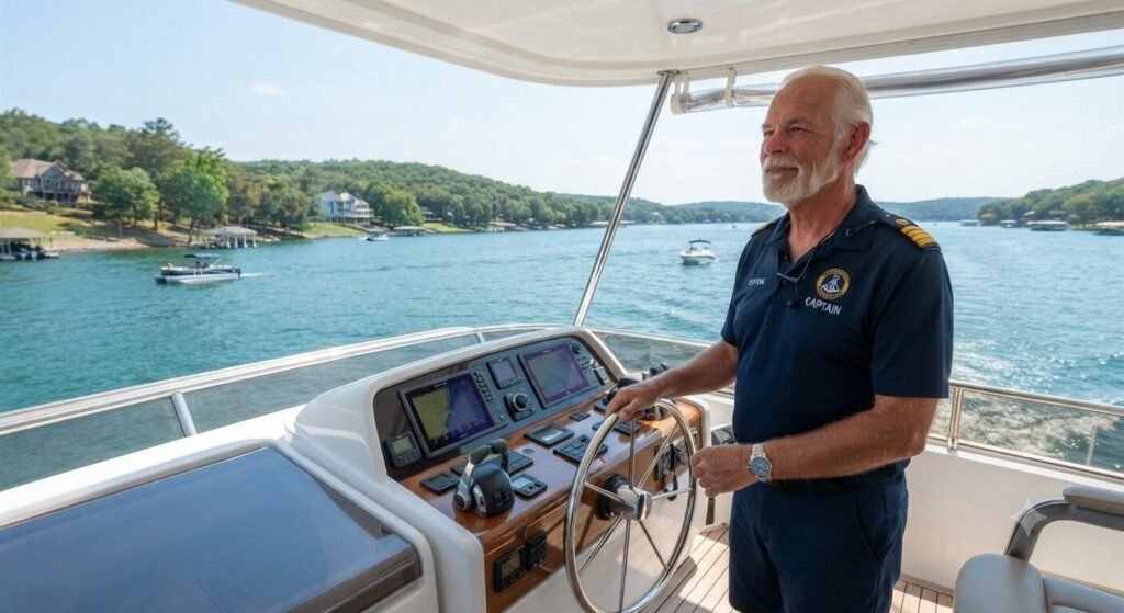 Yacht captain helping guests dock at Lake Ozarks marina