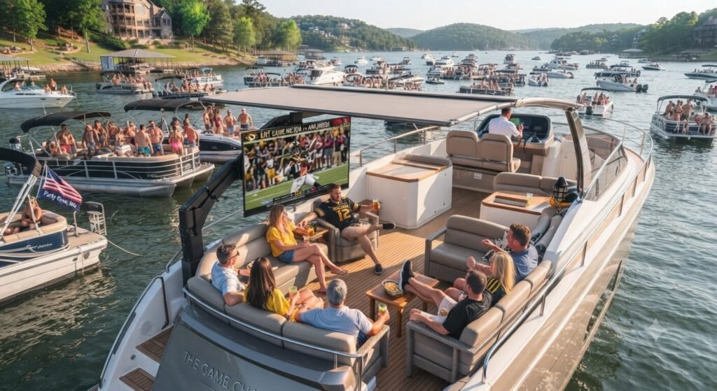 acht anchored at Party Cove during sports viewing charter