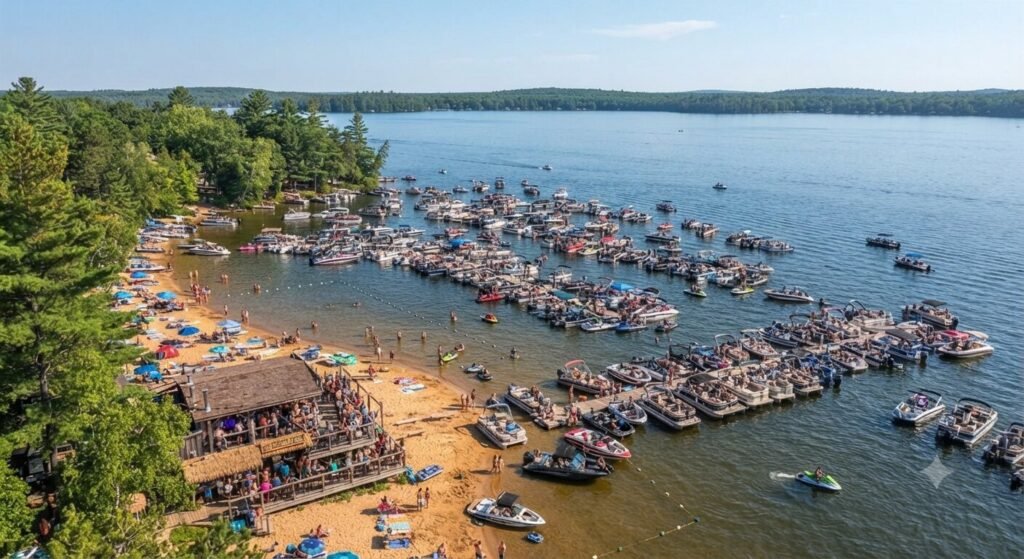 aerial view boats anchored zero entry beach Lake of the Ozarks