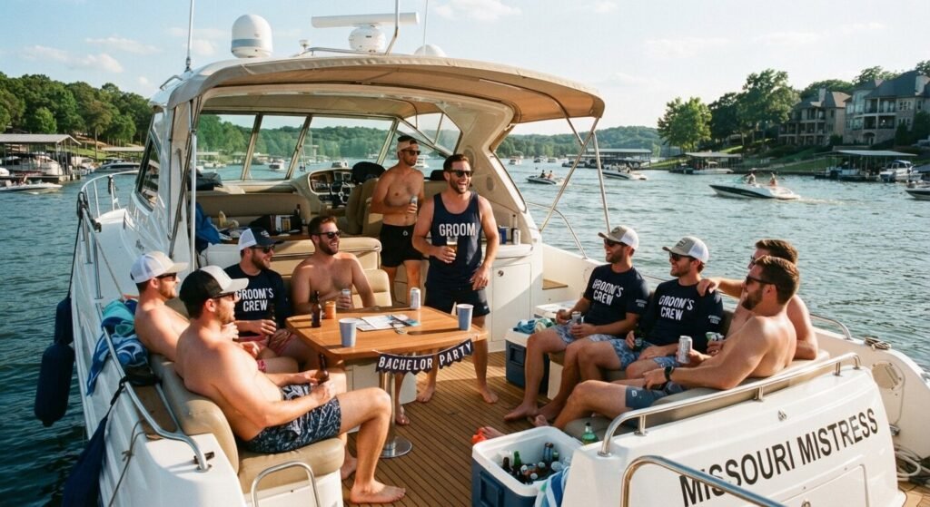 bachelor group relaxing on cabin cruiser deck at LOTO