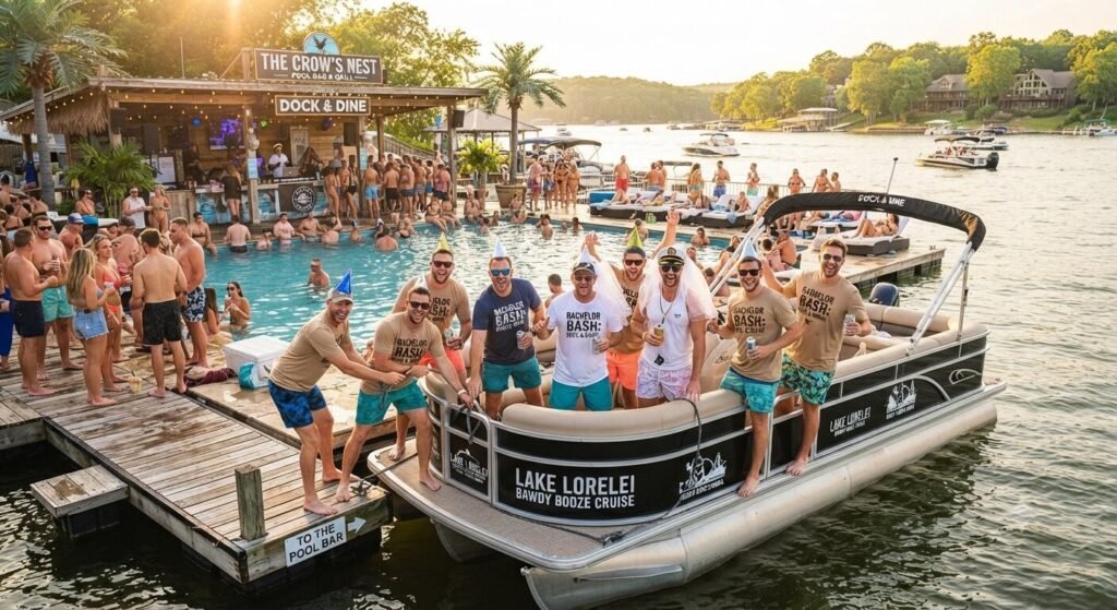 bachelor party boat docking at Lake of the Ozarks pool bar
