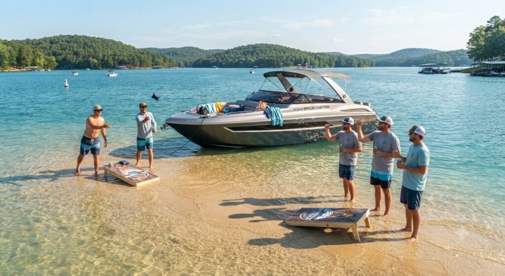 bachelor party cornhole sandbar Lake of the Ozarks