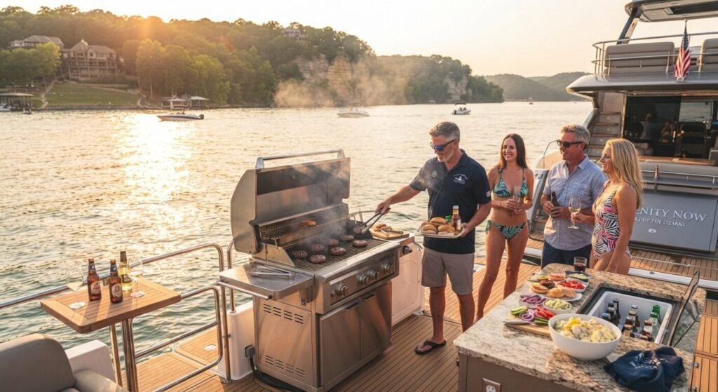bachelor party grilling burgers on luxury yacht charter Lake of the Ozarks